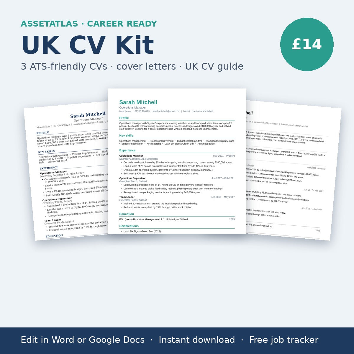 UK CV Kit: 3 ATS-Friendly CV Templates, Cover Letters & UK CV Guide