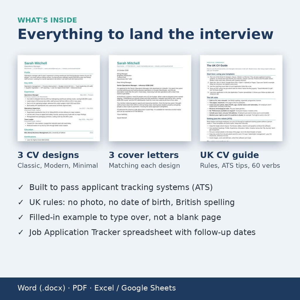 UK CV Kit: 3 ATS-Friendly CV Templates, Cover Letters & UK CV Guide